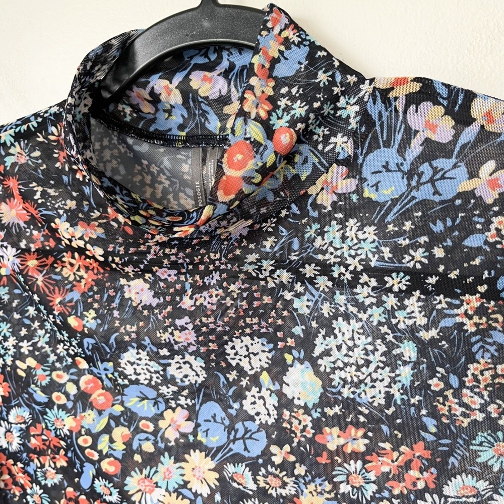Anthropologie Floral Mesh Mock Neck Top Black Multi Medium ASO Kelly Clarkson - Picture 5 of 11